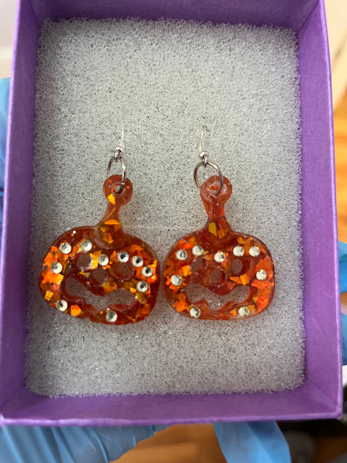 Handmade Pumpkin Bedazzled Earrings