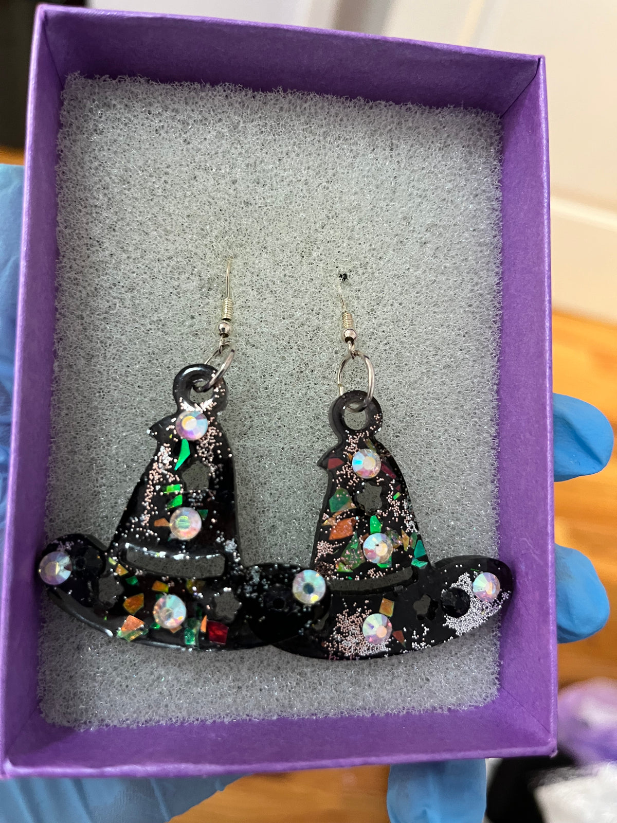 Handmade Black Witch Hat Bedazzled Earrings